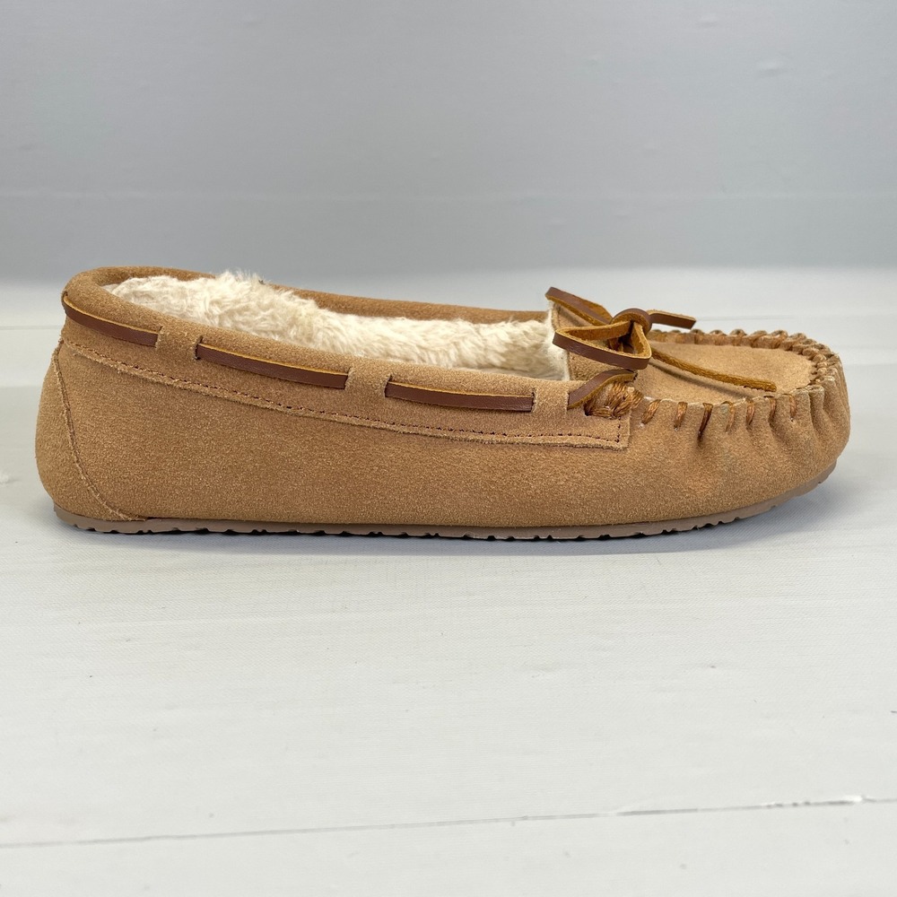 Minnetonka Cally Moccasins Womens Size 6 M Brown Suede Faux Fur Lining Shoes